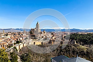 Segovia, Spain Ã¢â¬â View of the Cathedral and the Sierra the Guadarrama behind in Winter photo